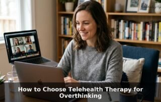 Adult seated at home during a telehealth therapy session for overthinking, with a laptop and notebook, soft natural light, calm setting, Overthinking Together PLLC, Lawrence MA