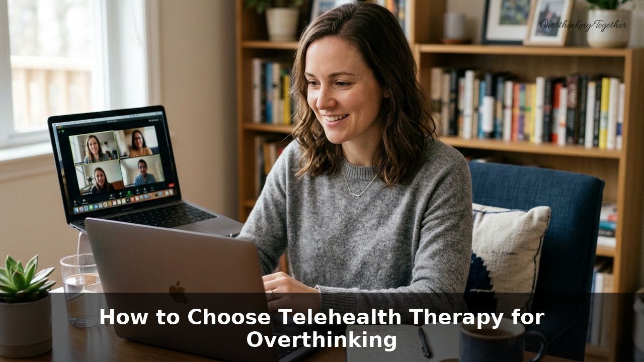 Adult seated at home during a telehealth therapy session for overthinking, with a laptop and notebook, soft natural light, calm setting, Overthinking Together PLLC, Lawrence MA